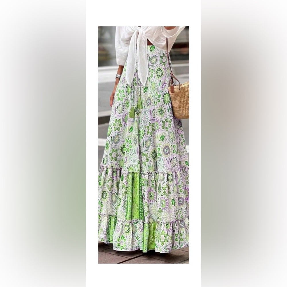 Boho Floral Print Stretchy Waist Ruffle Hem Maxi Skirt